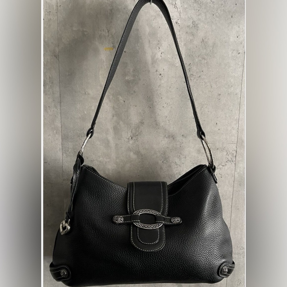 Brighton Black Pebbled Leather Rounded Saddle Shoulder Bag Filigree Accents